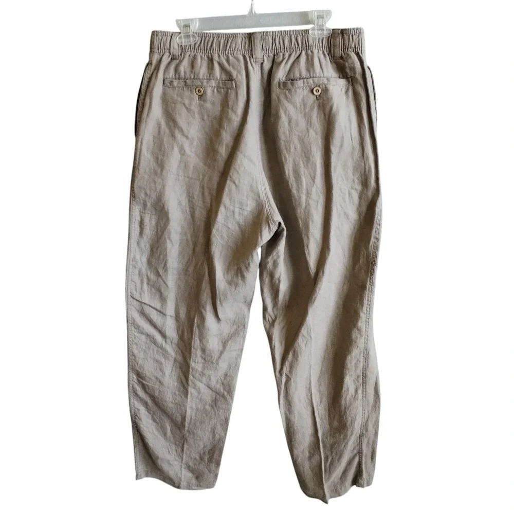 Caribbean Mens Linen Pants 36x32 (Fits 34x32) Tan Beige Elastic Waist Flat Front